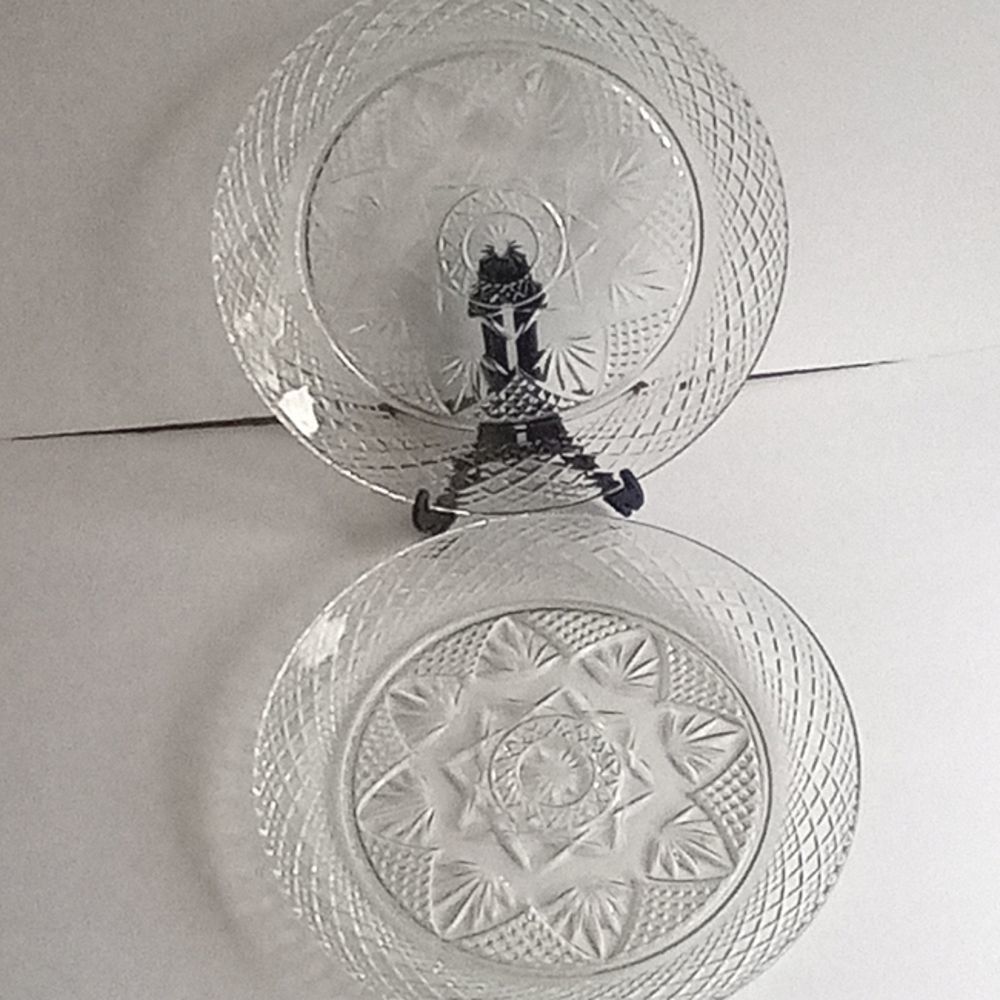 Vintage Clear Cut Glass Diamond Point Hostess Plate Set of 2